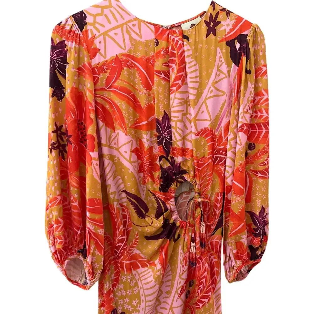 Farm Rio Puff-Sleeve Cutout Slip Maxi Dress Jungle Panther Size Medium - Picture 7 of 10